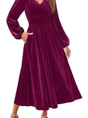 V-Neck Long Sleeve Velvet Maxi Dress in Plum
